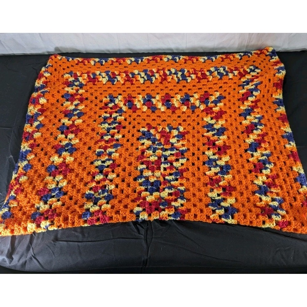 Vtg Autumn Inspired‎ Hand Knitted Afghan Throw Orange Yellow Blue Red 48" x 30"